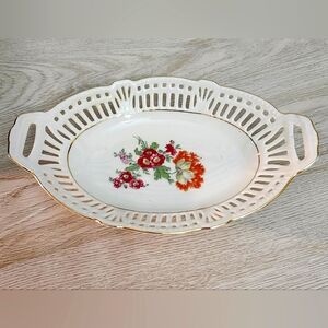 Vintage Bavaria Germany Reticulated Porcelain Oval Trinket Dish Floral